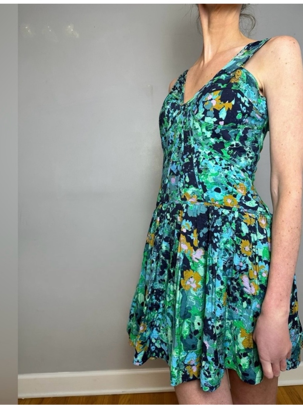 Anthropologie Green and Navy Floral Fit-and-Flare Mini Dress